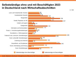 Selbstständige ohne und mit Beschäftigte 2023 in Deutschland nach Wirtschaftsabschnitten